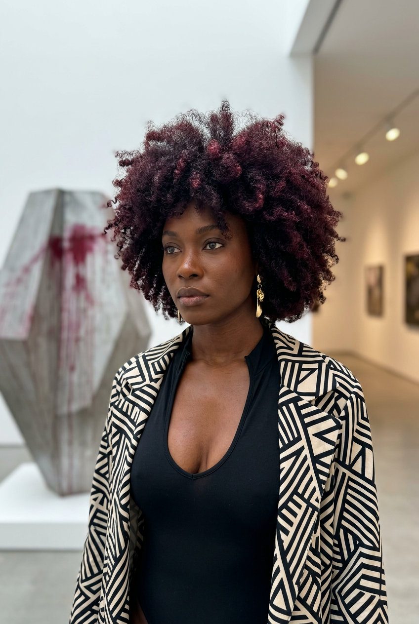 Voluminous Black Cherry Afro 2026 short natural hair black cherry with red-purple undertones, deconstructed afro cut for summer hairstyle black women 2026