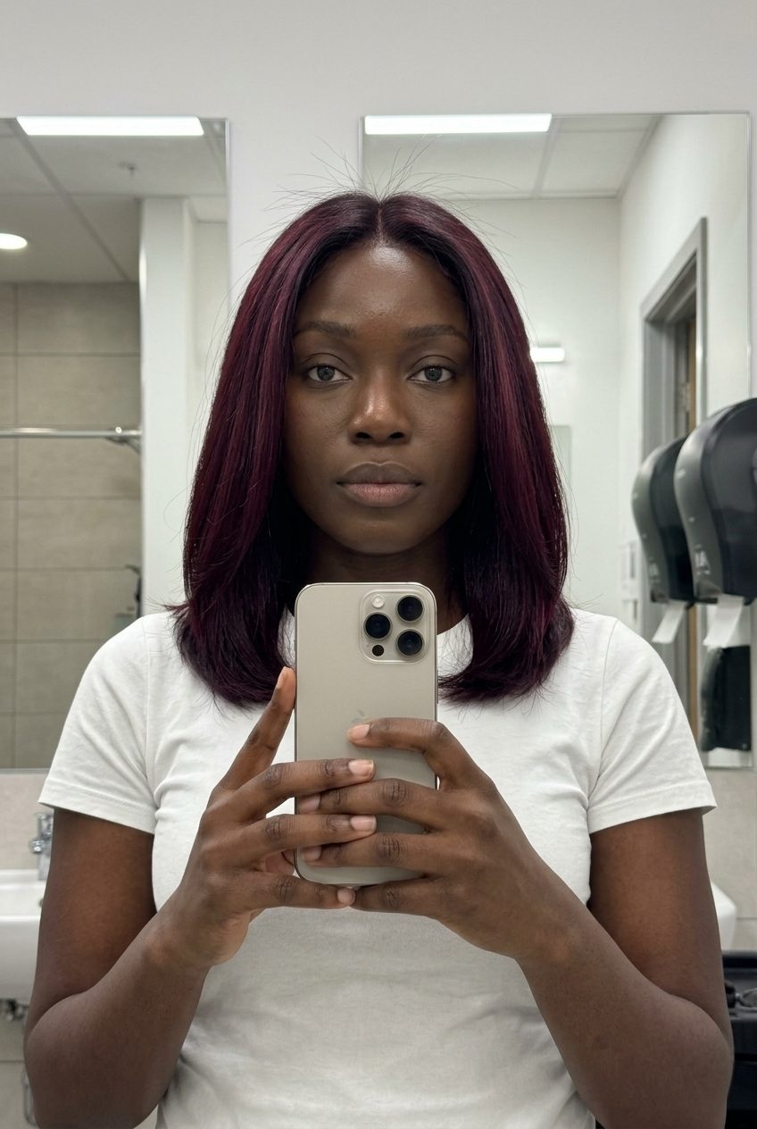 sleek bob black cherry shadow root haircut with dark violet-red, vivid edgy