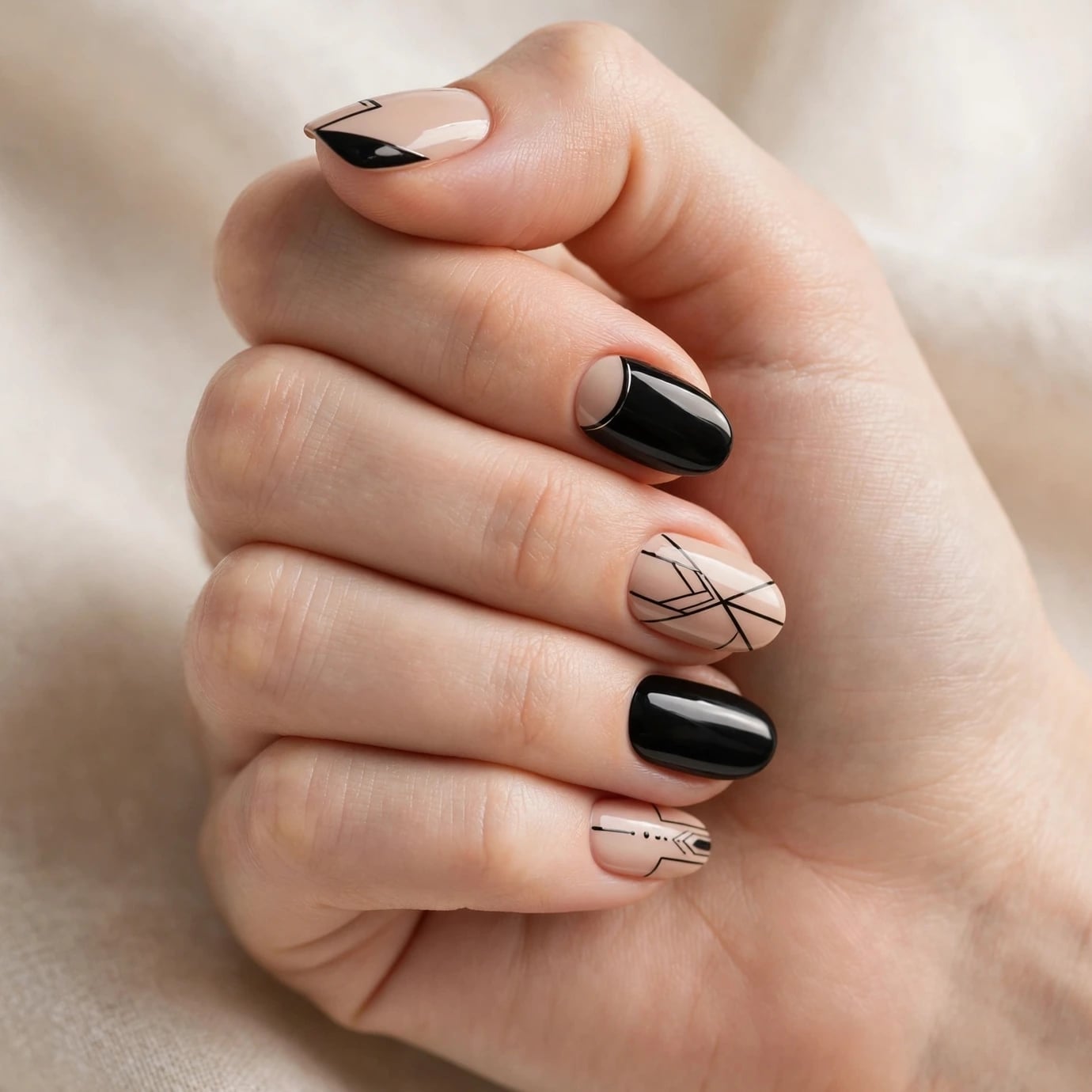 Short Oval Nails With Abstract Black Geometric Lines — Black Nails Art Ideas