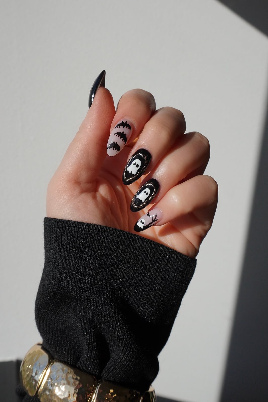 Medium Almond Nails With Ghost and Bat Halloween Art — Black Nails Art Ideas