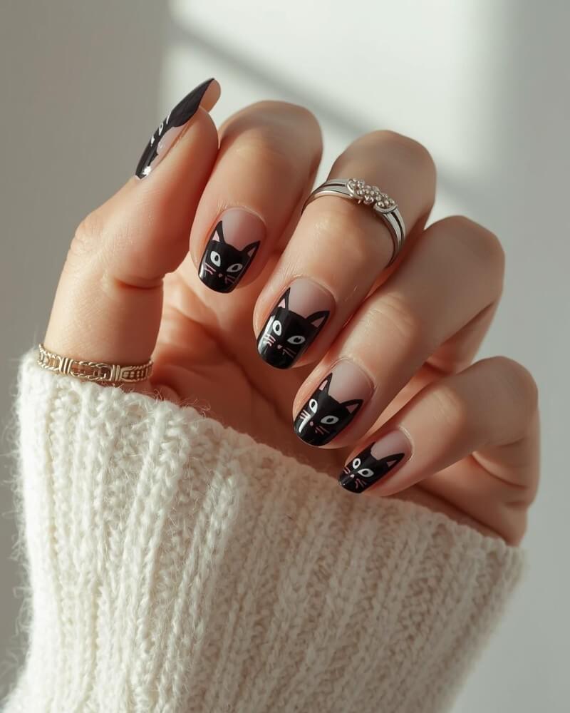 Short Square Nails With Black Cat Faces — Black Nails Art Ideas