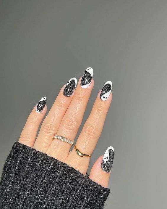 Medium Oval Nails With Glitter Ghost Accents — Black Nails Art Ideas