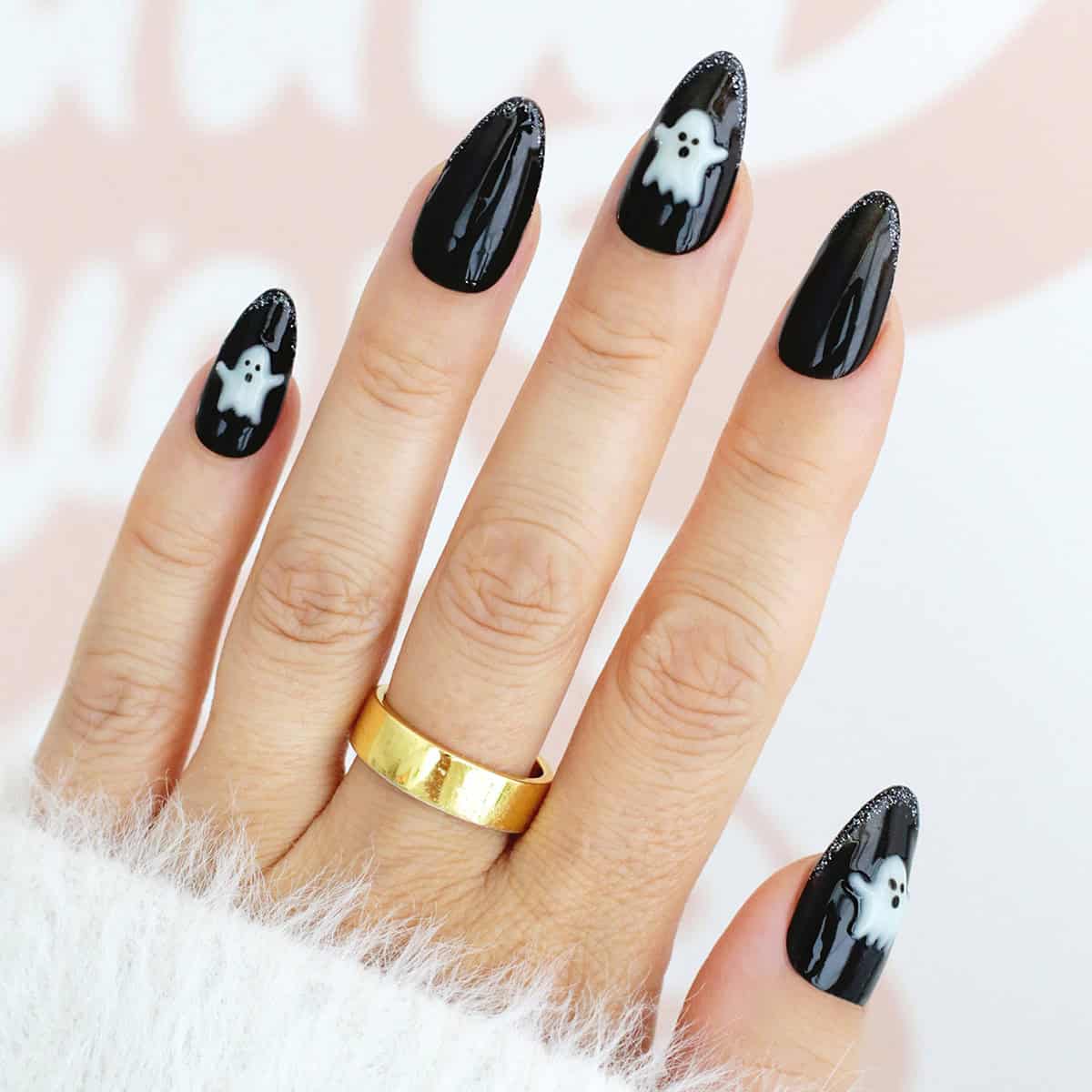 Medium Almond Nails With Small White Ghosts — Black Nails Art Ideas