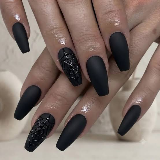 Long Coffin Nails With Raised Black Spiderweb — Black Nails Art Ideas