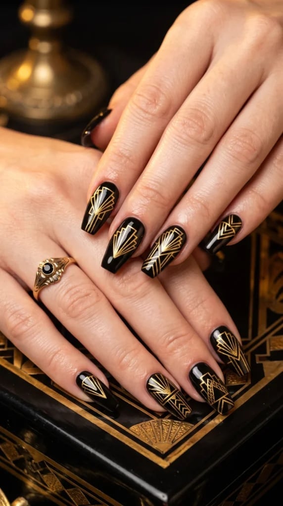 Short Coffin Nails With Gold Geometric Art — Black Nails Art Ideas