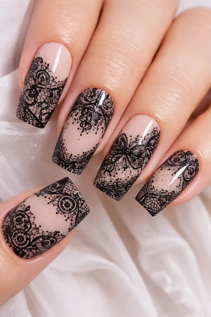 Medium Square Nails With Black Lace Design — Black Nails Art Ideas