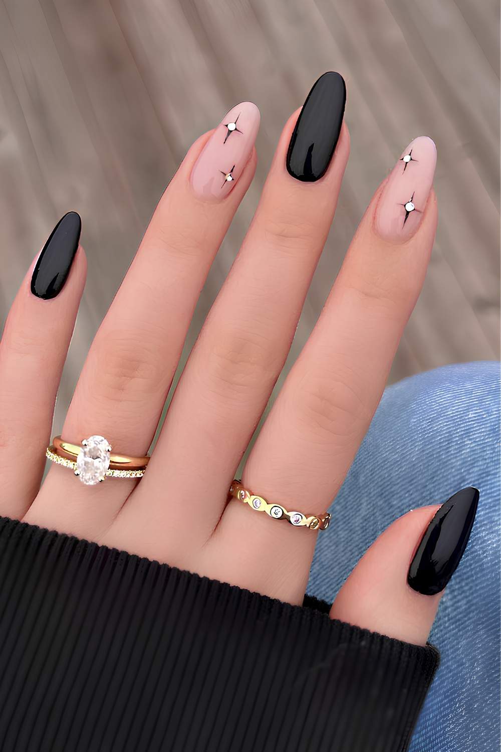 Medium Almond Nails With Black and Nude Contrast — Black Nails Art Ideas