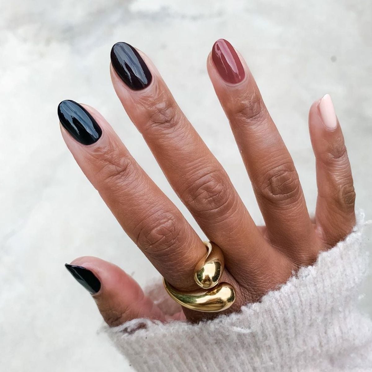 Long Almond Nails With Black French Tips and Lines, Glossy — Black Nails Art Ideas