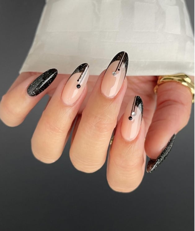 Medium Almond Nails With Black Art and Glitter — Black Nails Art Ideas