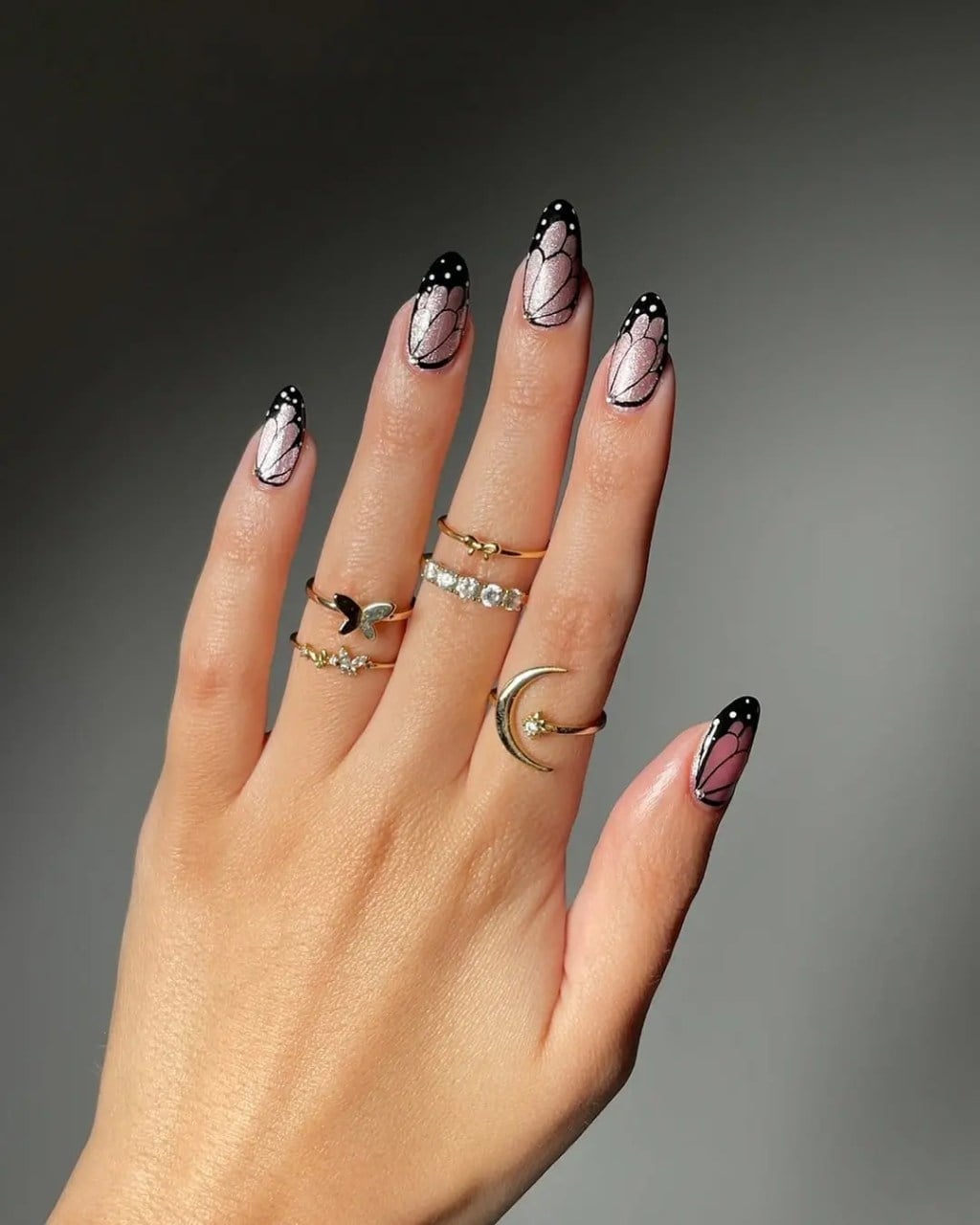 Medium Almond Nails With Black Butterfly Wings — Black Nails Art Ideas