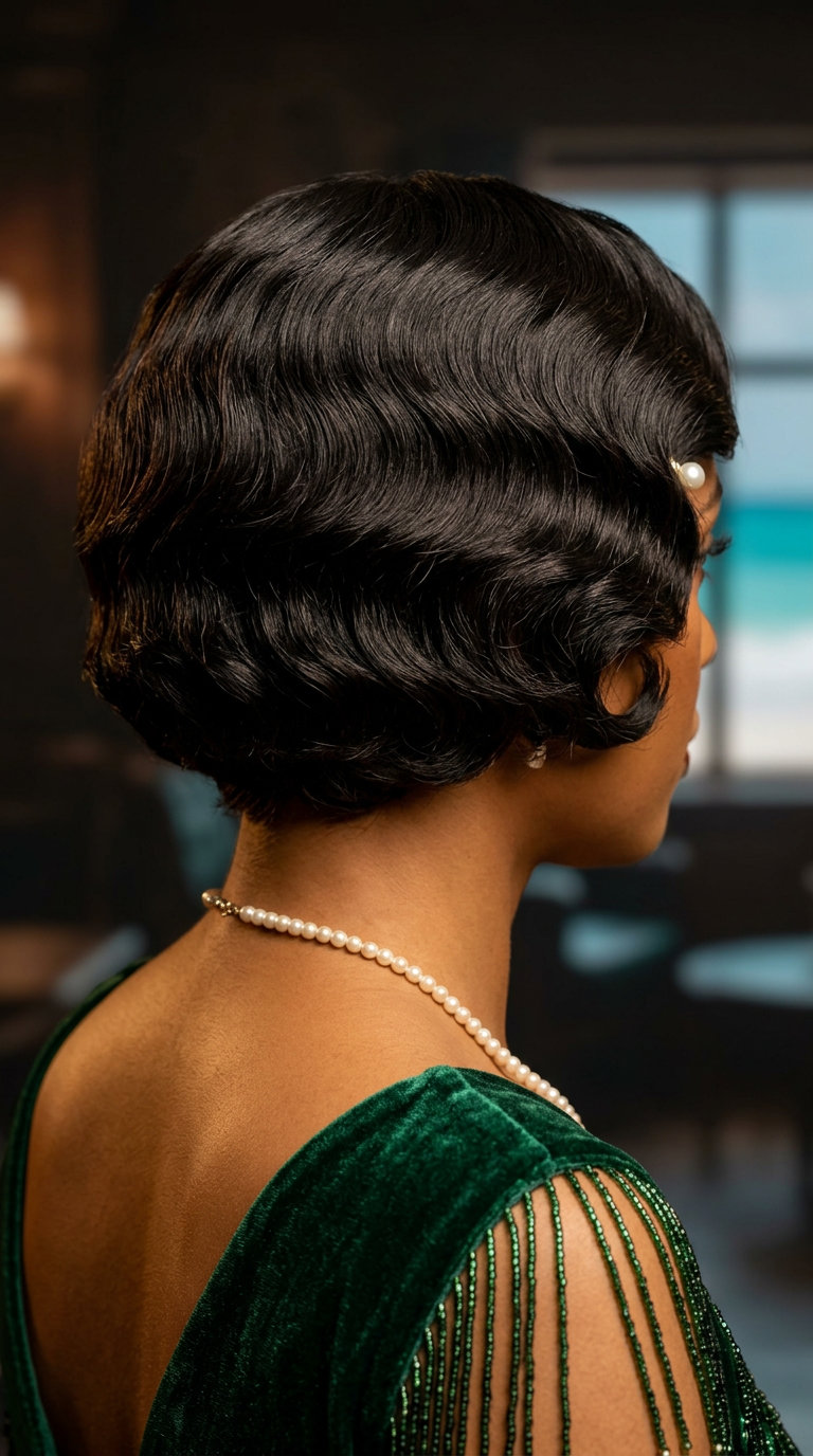 short black pixie haircut with deep brunette, 1920s finger waves, deep side part — glamorous, retro