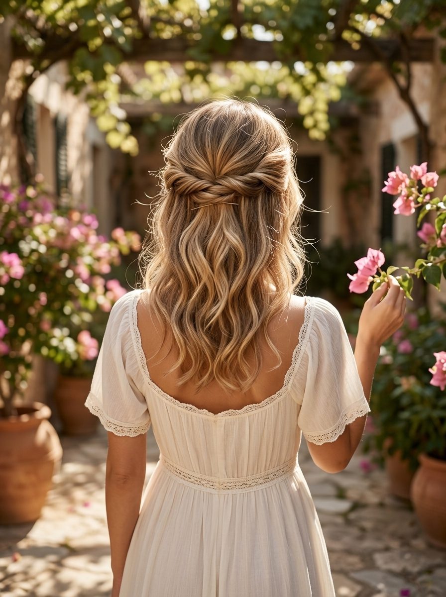 medium sun-kissed blonde twist-back half-updo with creamy highlights, twisted sections, soft romantic
