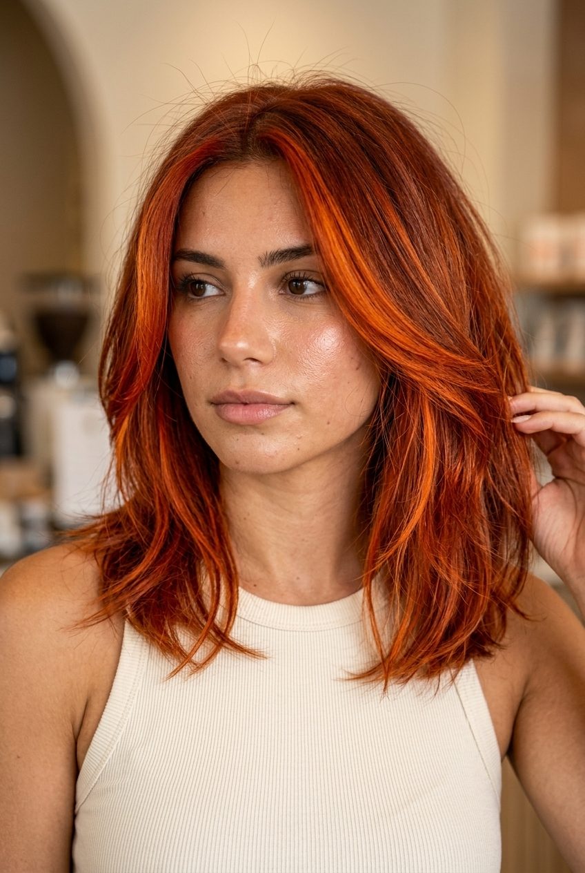 long layered blood-orange-copper balayage with red-orange, color melt technique — bold concert look