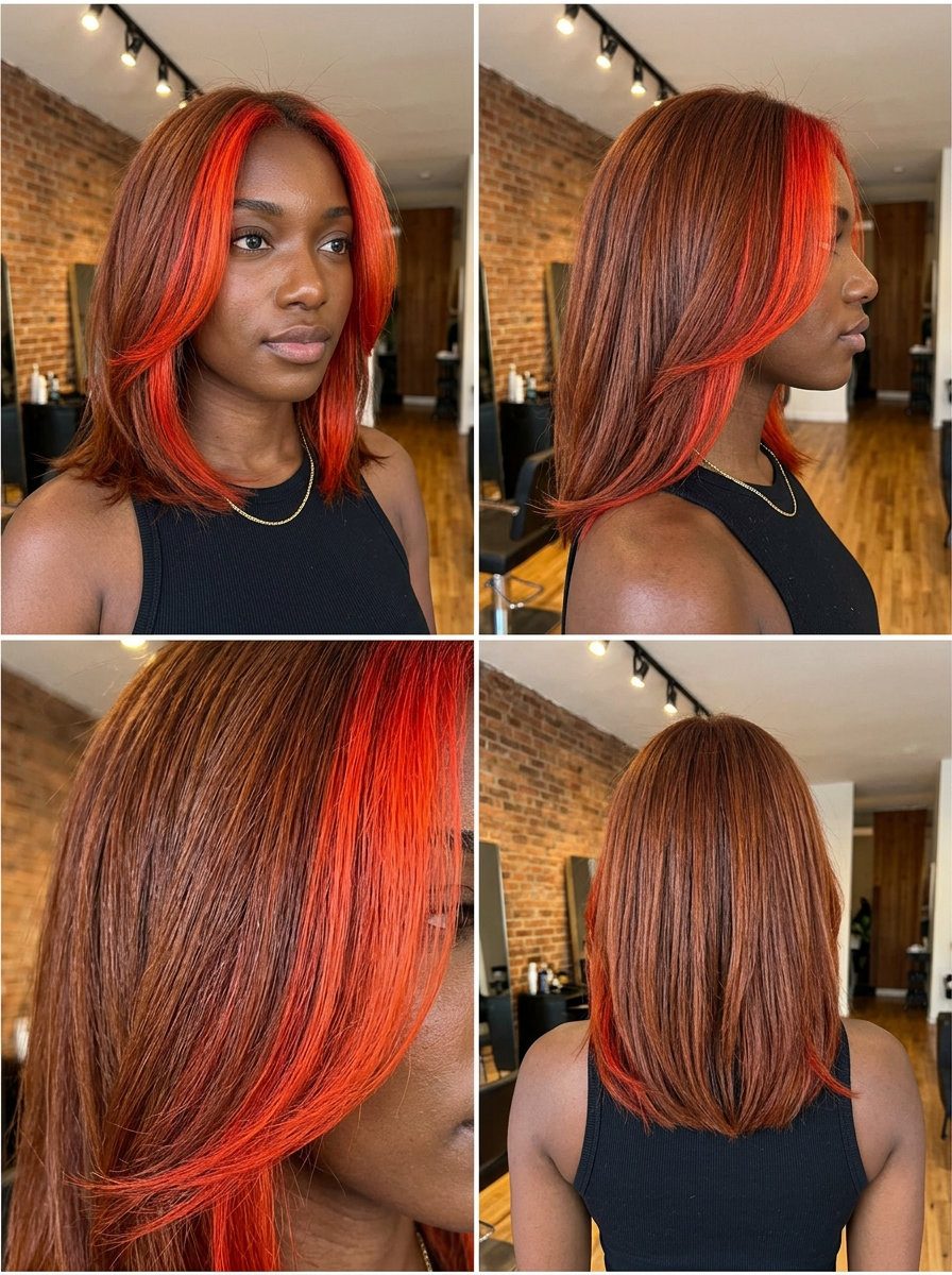 long layered auburn with blood orange copper face-framing, bold contrast for edgy look