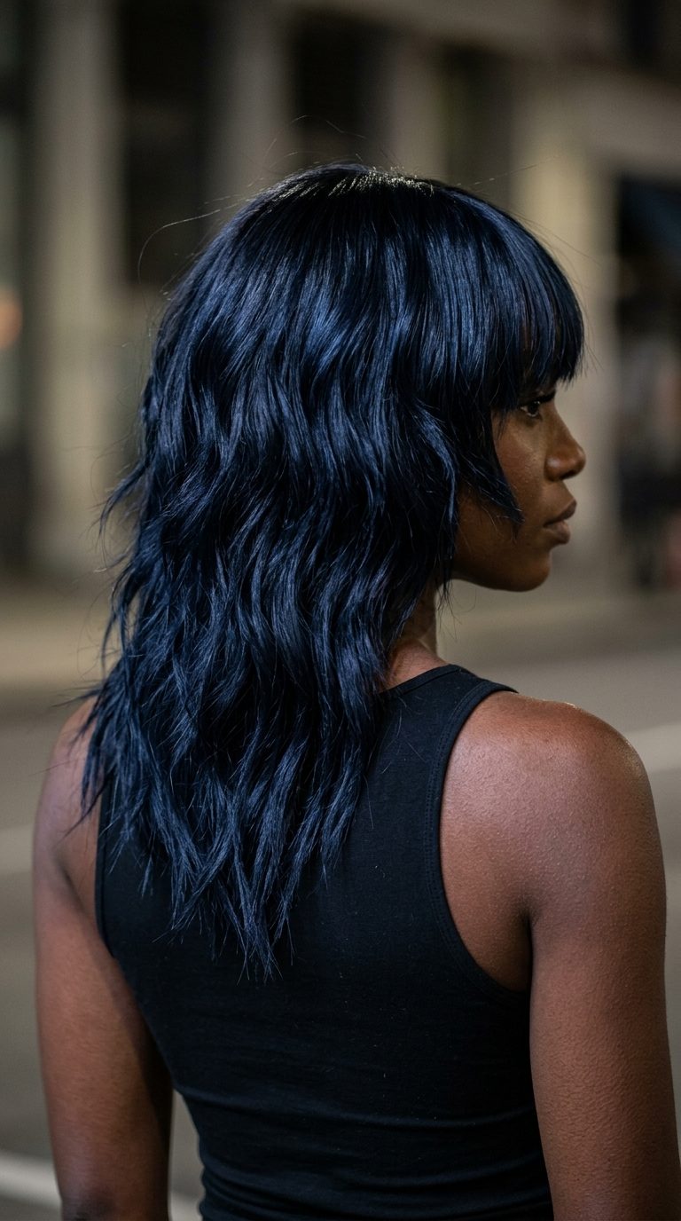 shoulder-length wavy shag haircut in blue-black with navy reflections, razored layers, and choppy fringe for edgy