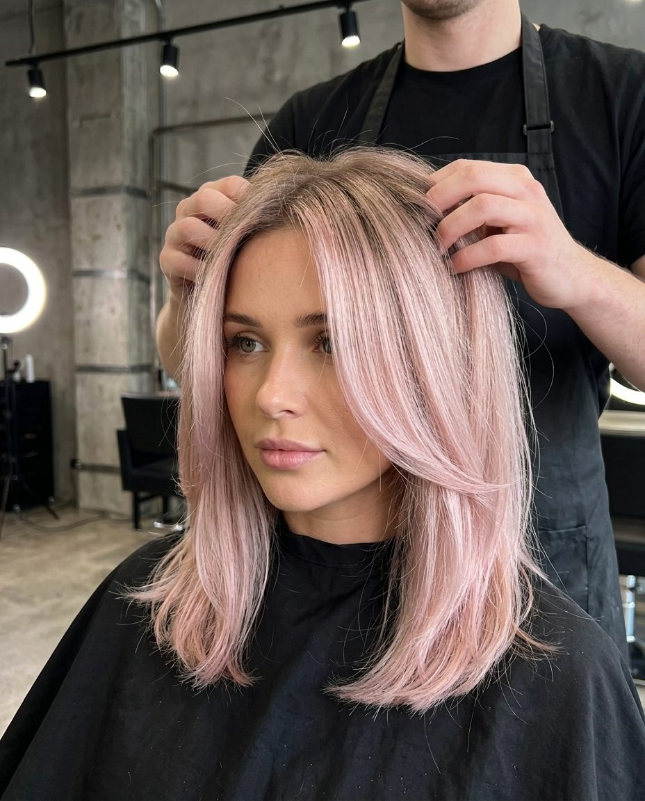 Soft Blush Champagne Shadow Root 2026 long blush champagne shadow root with cool beige and pale pink tones, shadow root, no fringe — soft romantic look