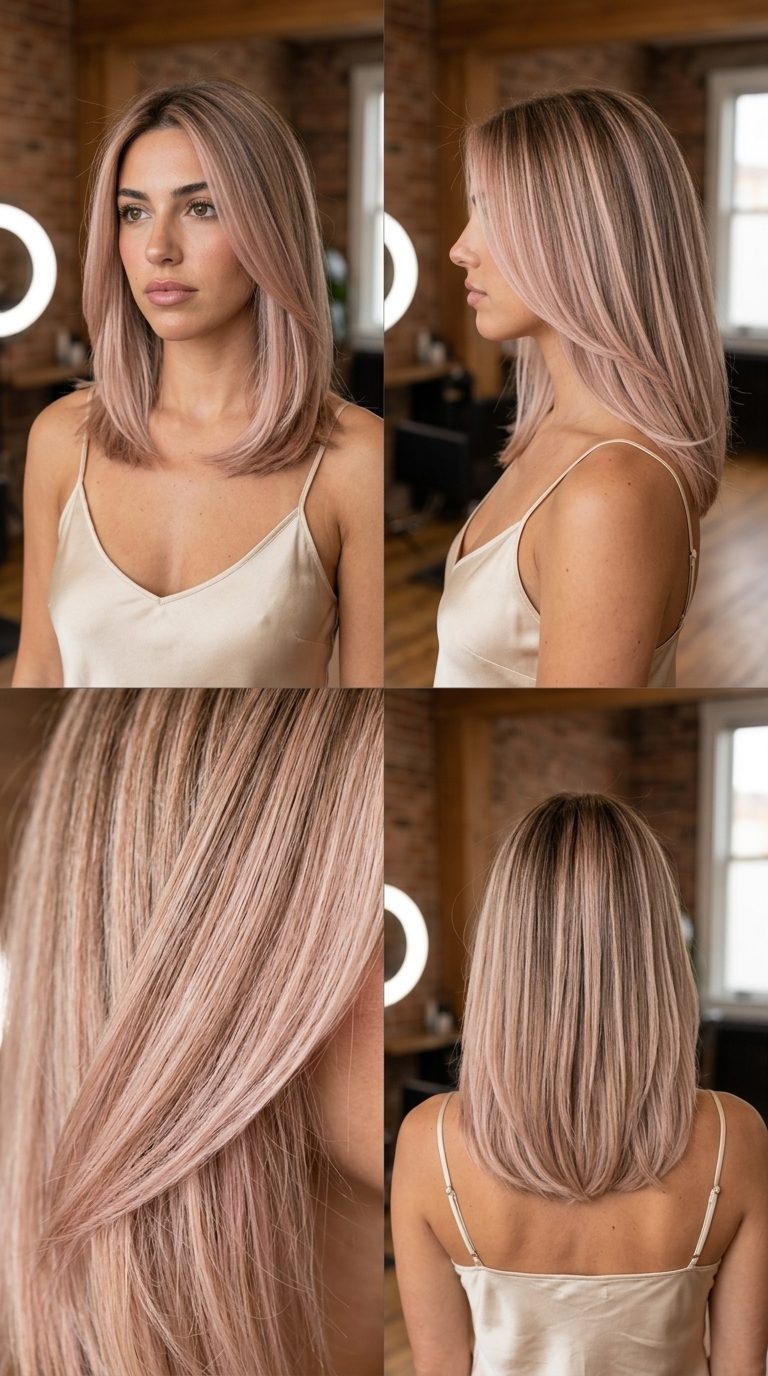 Sophisticated Blush Champagne Reverse Balayage 2026 shoulder-length blush champagne reverse balayage with pale pink-blonde and champagne tones, reverse balayage, no fringe — sophisticated formal event