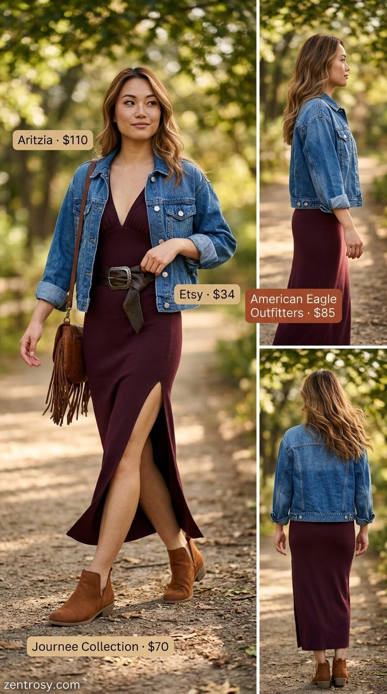 Boho Crochet Summer Outfits 2026: Festival Maxi Skirt Style Boho crochet summer outfits for women 2026: Burgundy maxi skirt, denim jacket, leather belt & fringe bag.