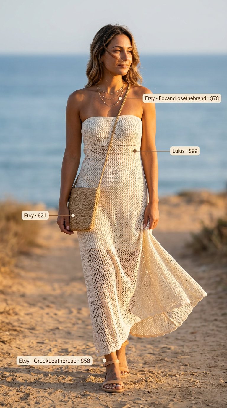 Boho Crochet Summer Outfits 2026: Ethereal Festival Dress Boho crochet summer outfits for women 2026: Cream crochet dress with layered necklaces and straw bag.