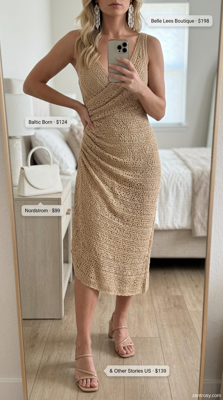 Boho Crochet Summer Outfits 2026: Elegant Midi Dress Boho crochet summer outfits for women 2026: Sand midi crochet dress with statement earrings and block heels.