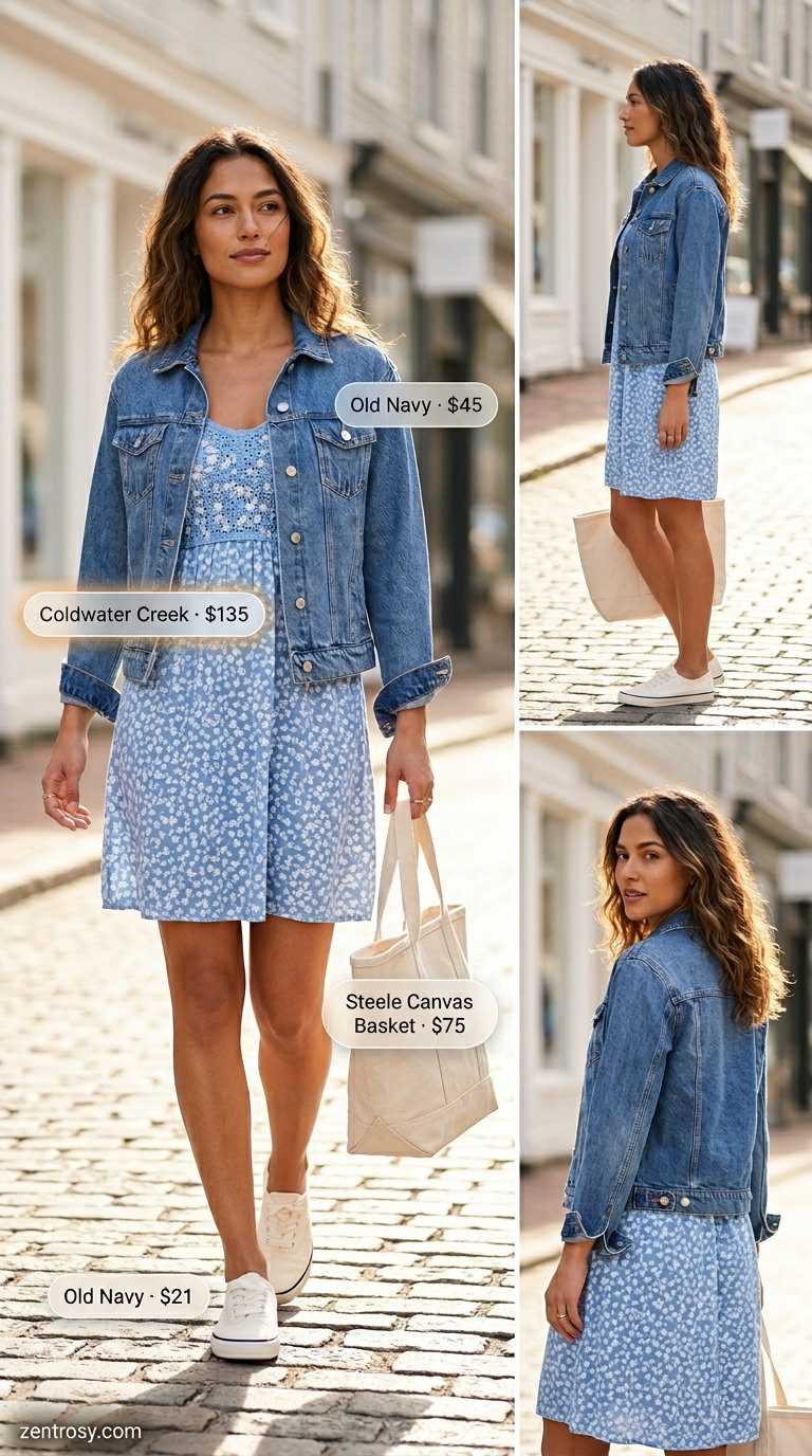 Boho Crochet Summer Outfits 2026: Casual Day Out Dress Boho crochet summer outfits for women 2026: Sky blue crochet dress with denim jacket and canvas sneakers.