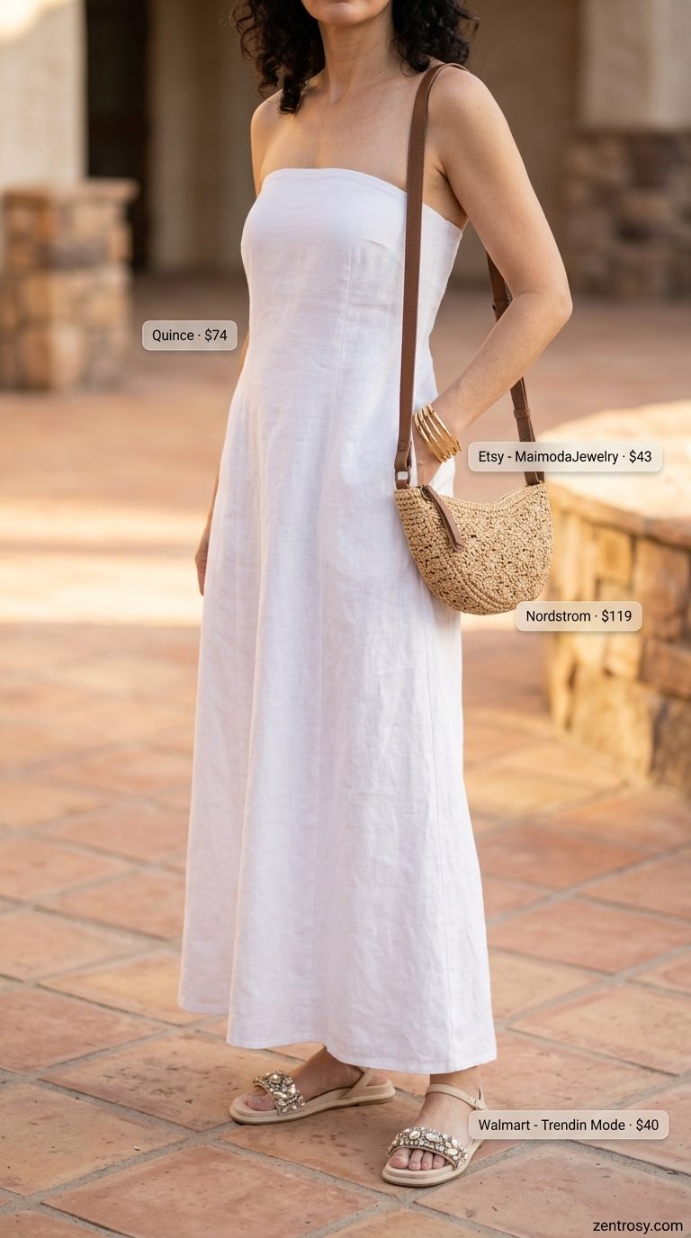 Boho Crochet Summer Outfits 2026: Evening Crochet Dress Boho crochet summer outfits for women 2026: Terracotta crochet dress with gold bangles and straw bag.