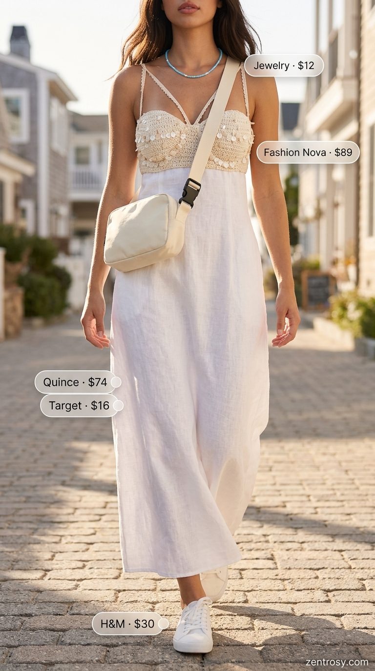 Boho Crochet Summer Outfits 2026: Beach Town Co-ord Set Boho crochet summer outfits for women 2026: White crochet set with linen shirt and canvas sneakers.