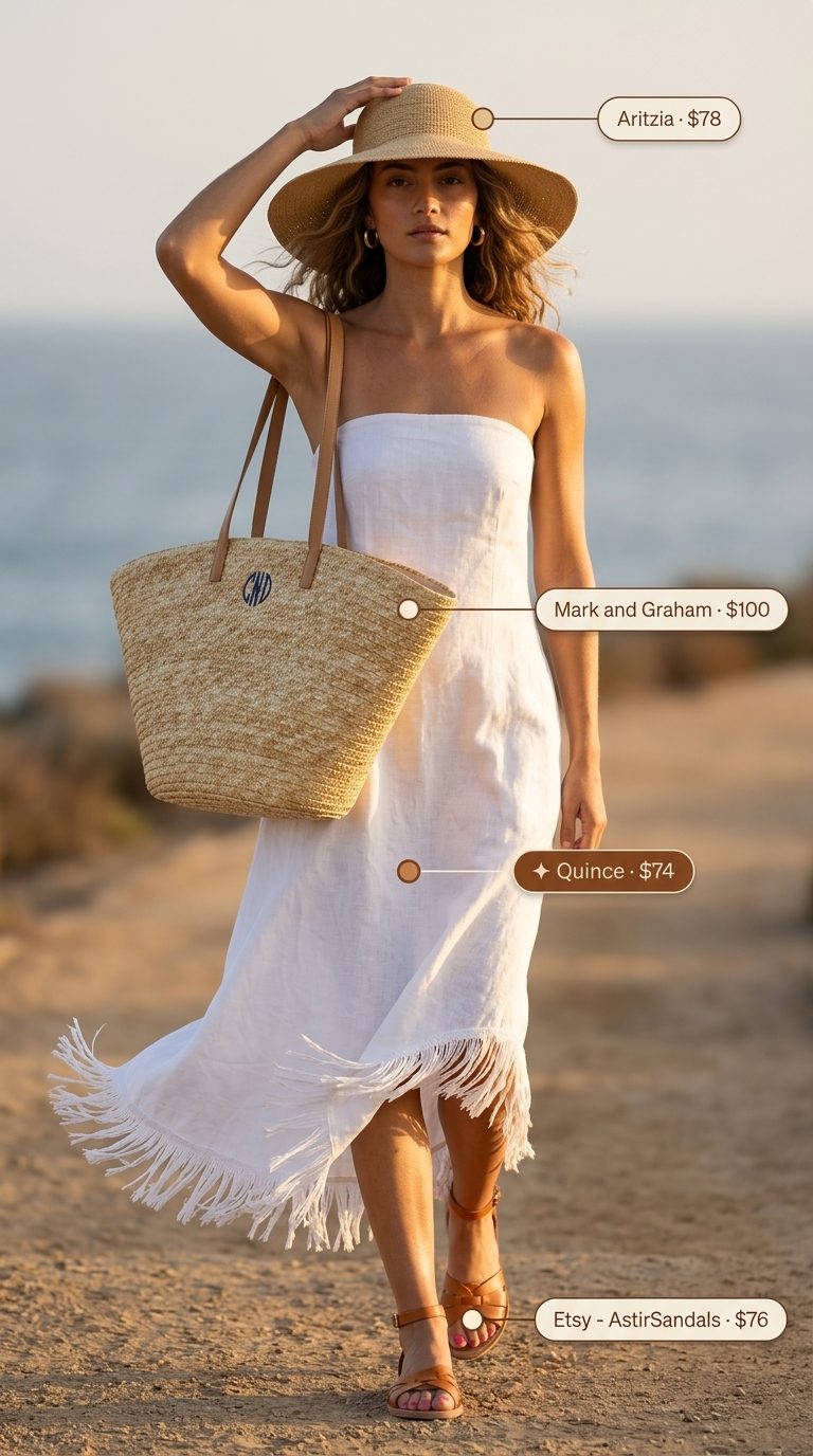 Boho Crochet Summer Outfits 2026: Beach Breeze Boho crochet summer outfits for women 2026: Cream crochet dress with straw hat and leather sandals for a beach day.