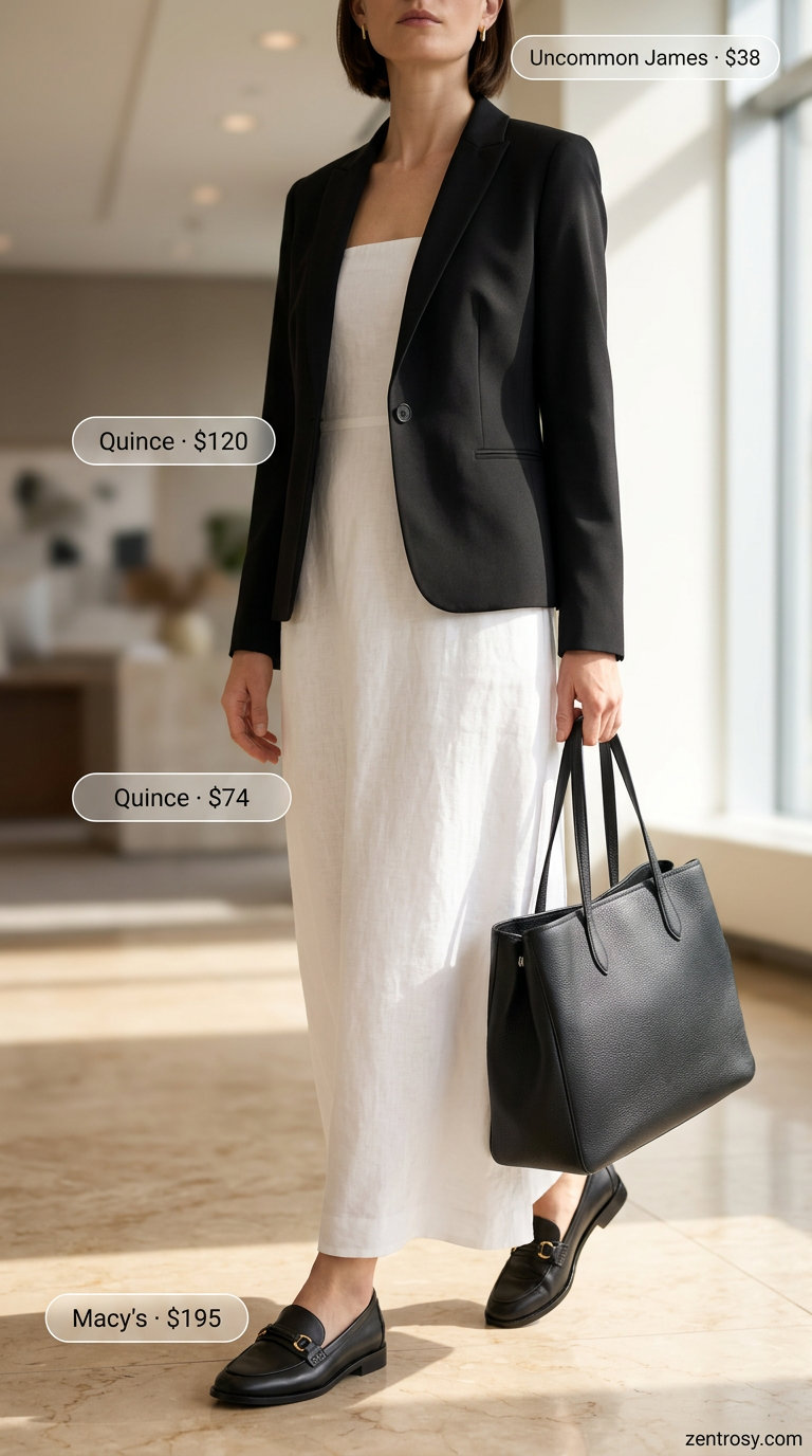 Boho Crochet Summer Outfits 2026: Modern Workwear Beige boho crochet summer dress for women 2026, styled for the office with a black blazer, loafers, and structured tote.