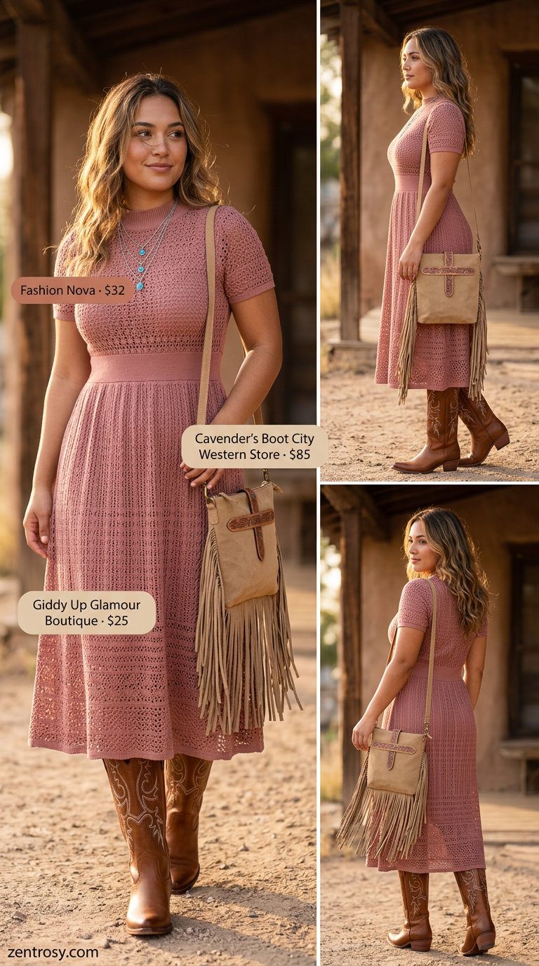 Boho Crochet Summer Outfits 2026: Desert Rose Dream Dusty rose boho crochet summer dress for women 2026, styled with tan cowboy boots, fringe crossbody bag, and turquoise layered necklaces.