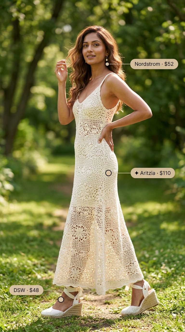 Boho Crochet Summer Outfits 2026: Garden Party Chic Boho crochet summer outfits for women 2026: Blush pink crochet dress with ivory bag and gold pearl earrings for a garden party.