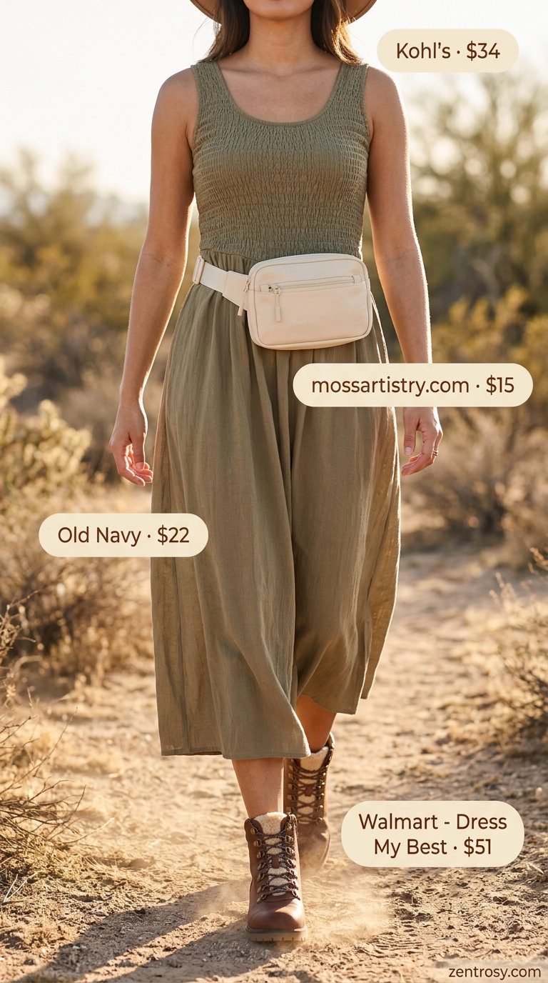 Boho Crochet Summer Outfits 2026: Festival Adventure Boho crochet summer outfits for women 2026: Mustard yellow crochet dress with brown boots and felt hat for an adventure.