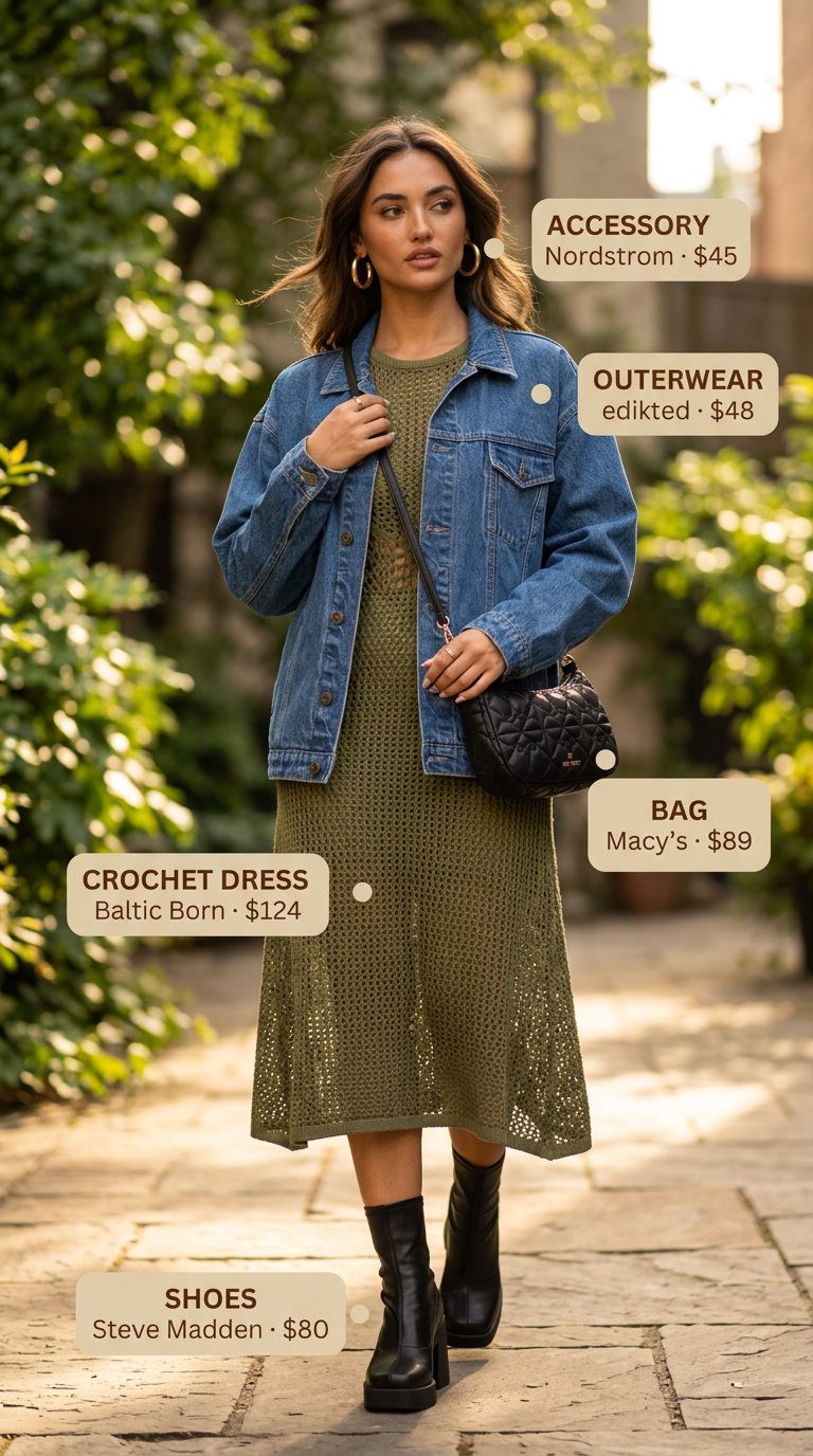 Boho Crochet Summer Outfits 2026: Urban Oasis Olive green boho crochet summer dress for women 2026, styled for city exploration with denim jacket and ankle boots.