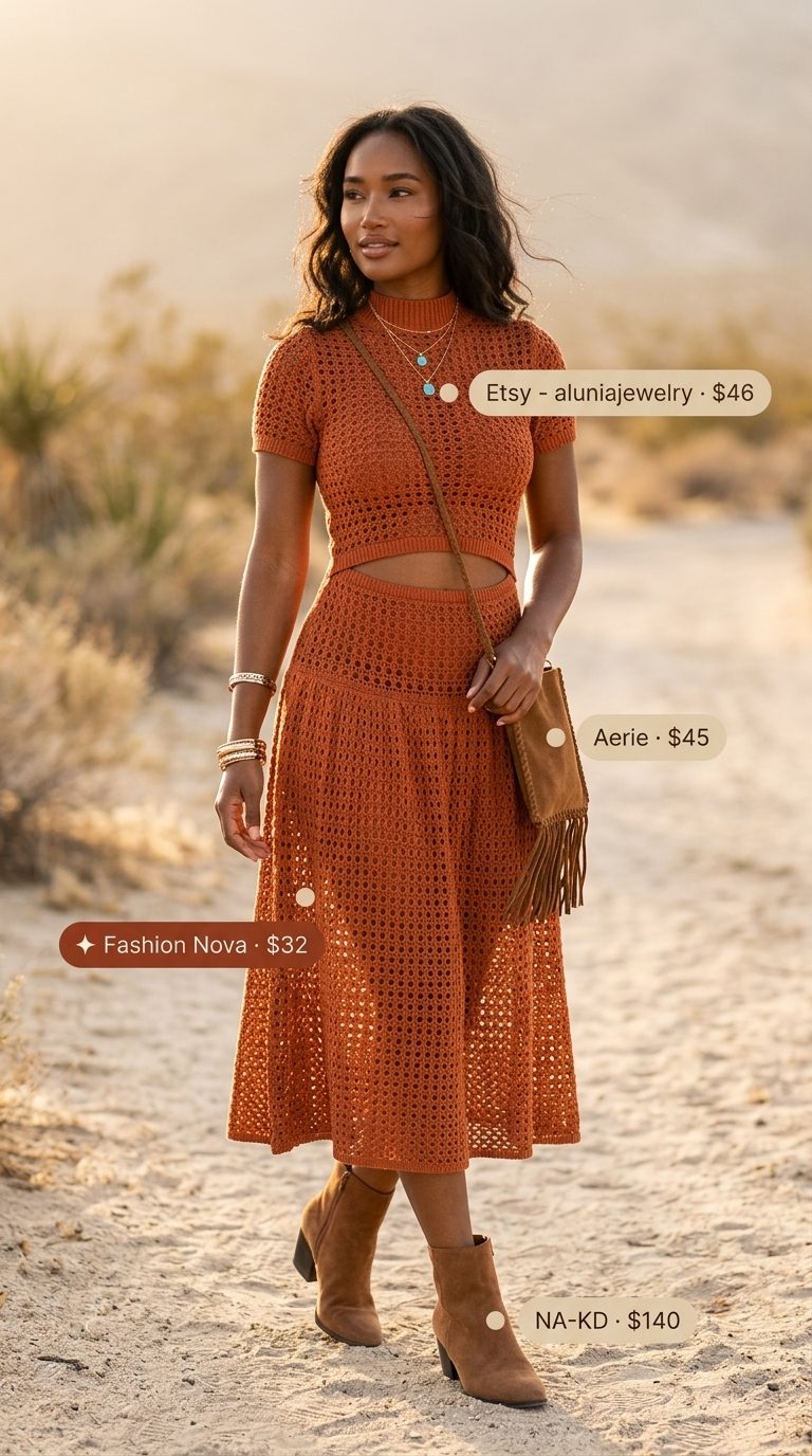 Boho Crochet Summer Outfits 2026: Desert Sun Dream Rust orange boho crochet summer dress for women 2026, perfect for desert events, with suede boots and fringed bag.