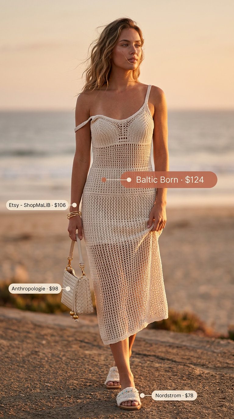 Boho Crochet Summer Outfits 2026: Sunset Beach Serenade Boho crochet summer outfits for women 2026: Terracotta crochet dress with gold bangles and raffia bag for a beach evening.