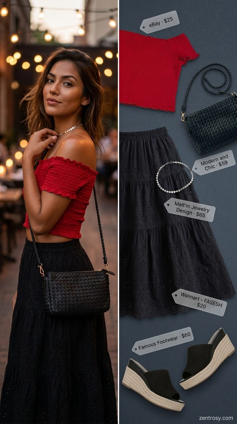 Boho Maxi Skirt Outfits Summer 2026: Bold & Mysterious Boho maxi skirt outfits summer 2026: Black eyelet skirt, red off-shoulder top for summer party.