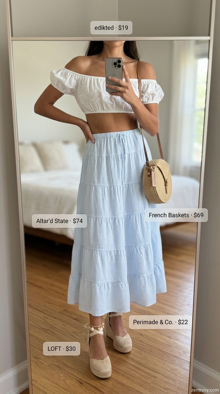 Boho Maxi Skirt Outfits Summer 2026: Coastal Breeze Boho maxi skirt outfits summer 2026: Sky blue striped skirt, white crop top for beach day.