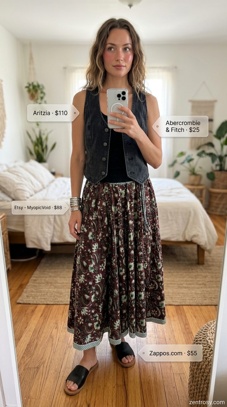 Boho Maxi Skirt Outfits Summer 2026: Earthy Chic Boho maxi skirt outfits summer 2026: Burgundy block print skirt, black tank, denim vest for casual outing.