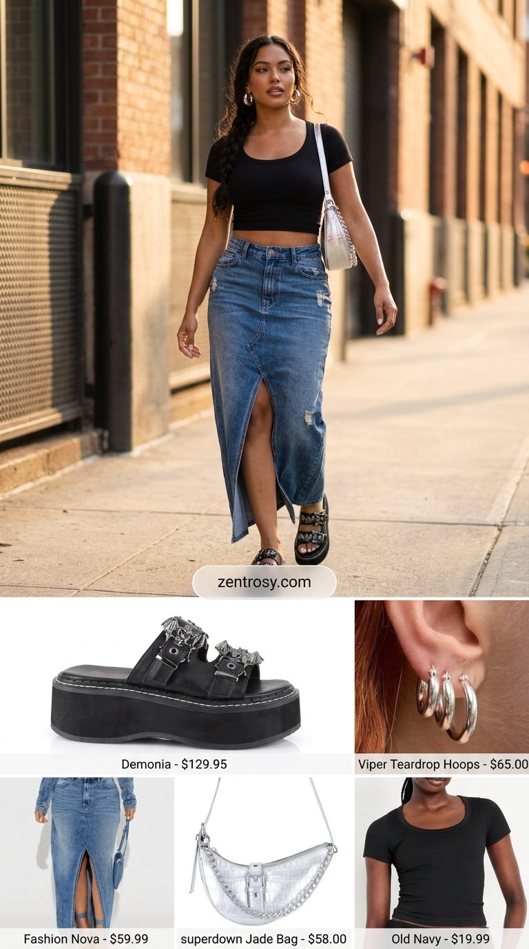 Boho Maxi Skirt Outfits Summer 2026: Edgy City Style Boho maxi skirt outfits summer 2026: Indigo denim maxi skirt, black crop top, silver accessories for city stroll.