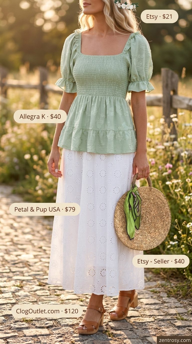 Boho Maxi Skirt Outfits Summer 2026: Charming Picnic Style Boho maxi skirt outfits summer 2026: White eyelet lace maxi skirt with sage green peasant blouse for a charming countryside picnic.