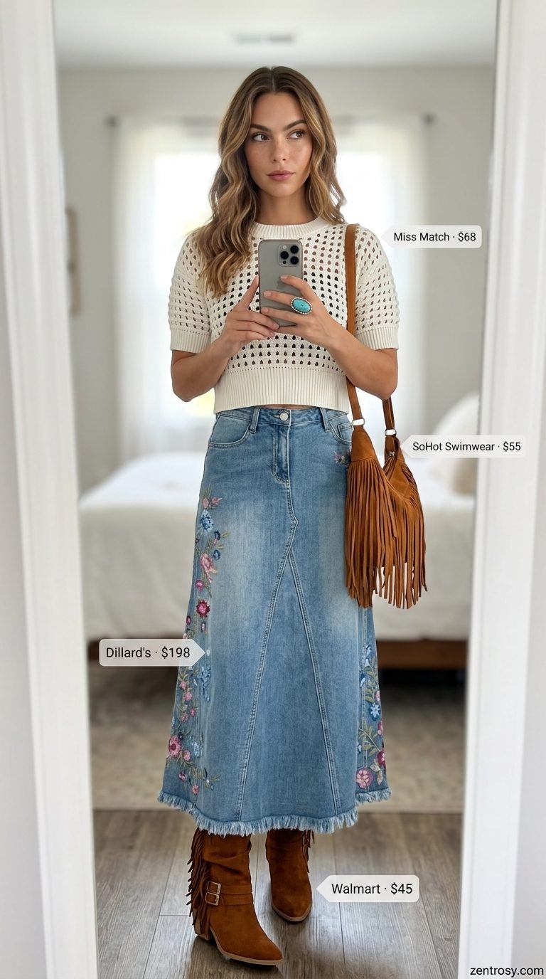 Boho Maxi Skirt Outfits Summer 2026: Festival Ready Boho maxi skirt outfits summer 2026: Distressed denim skirt, crochet top, fringe boots for music festival.