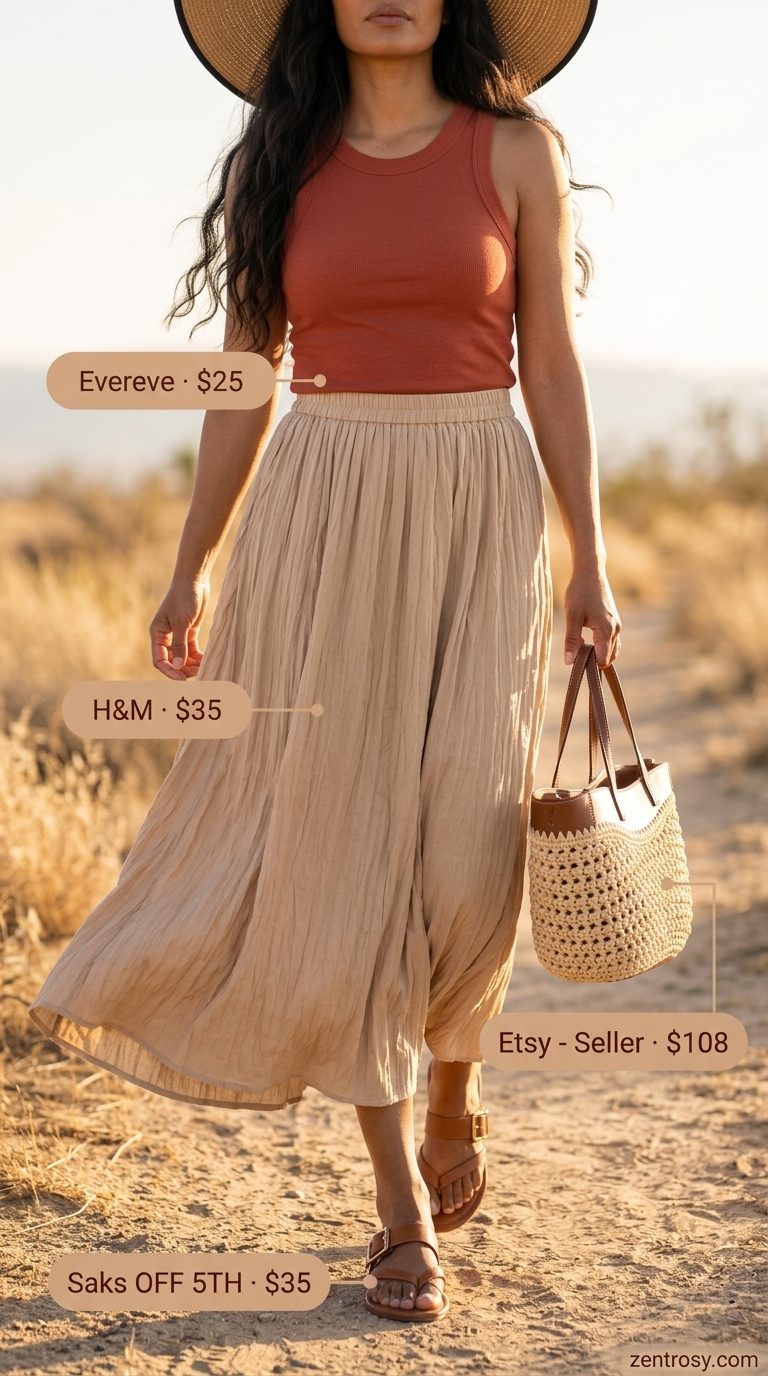 Boho Maxi Skirt Outfits Summer 2026: Relaxed Desert Style Boho maxi skirt outfits summer 2026: Rust orange skirt, fitted tank, straw hat for casual day out.