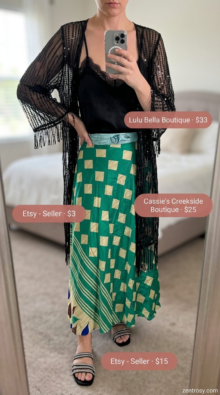 Boho Maxi Skirt Outfits Summer 2026: Glamorous Evening Boho maxi skirt outfits summer 2026: Emerald green silk skirt, sequin kimono for summer evening event.