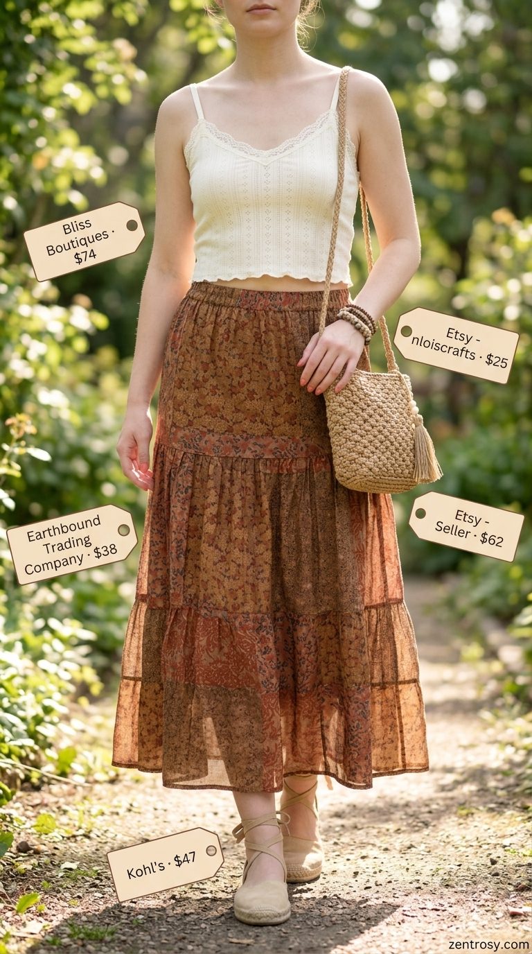 Boho Maxi Skirt Outfits Summer 2026: Garden Party Style Boho maxi skirt outfits summer 2026: Terracotta floral skirt, cream cami, straw bag, espadrilles for garden party.