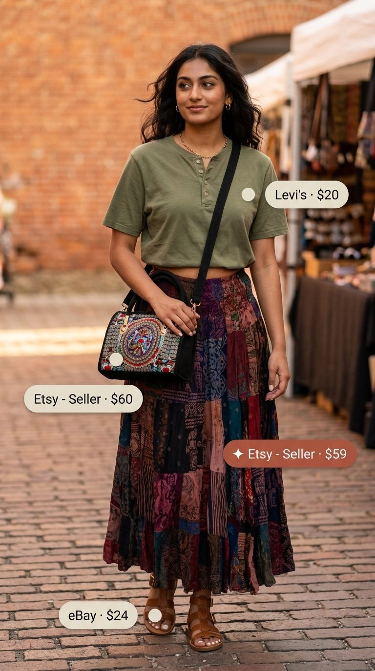 Boho Maxi Skirt Outfits Summer 2026: Global Nomad Style Boho maxi skirt outfits summer 2026: Patchwork print maxi skirt with olive henley for a global nomad look.
