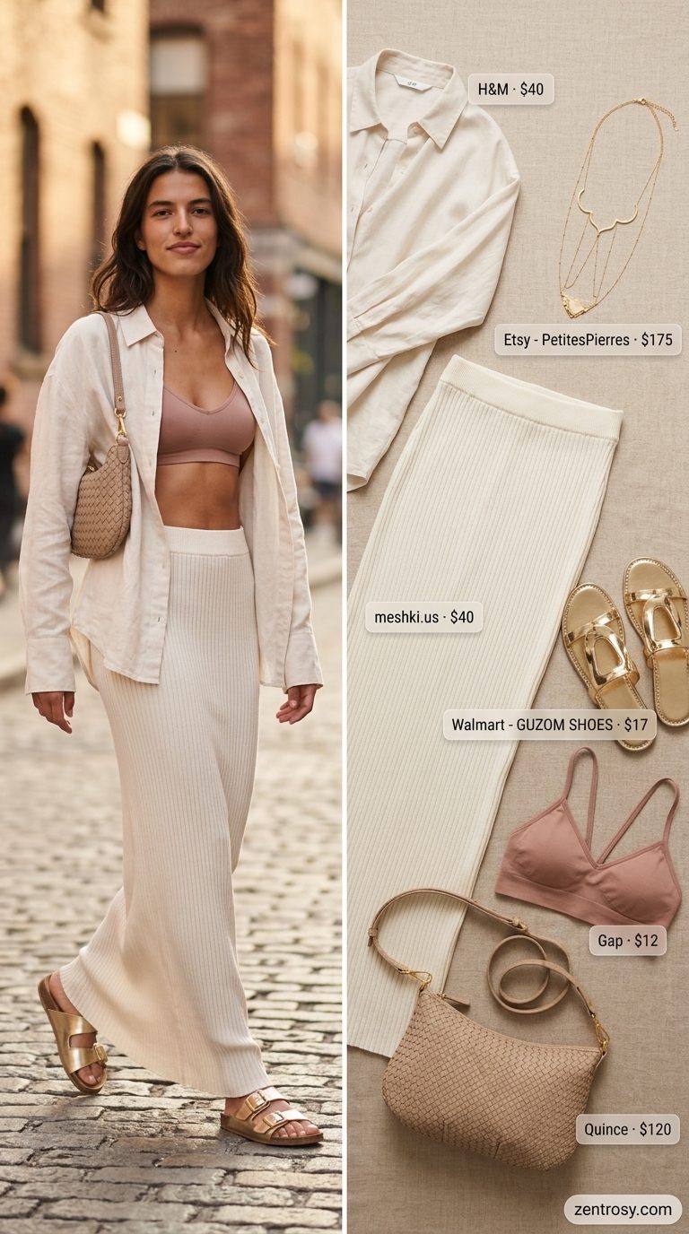 Boho Maxi Skirt Outfits Summer 2026: Resort Elegance Boho maxi skirt outfits summer 2026: Ivory ribbed knit skirt, linen shirt, gold sandals for resort evening.