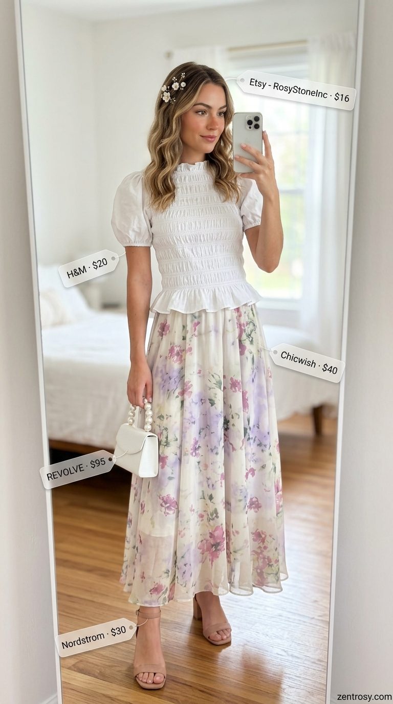 Boho Maxi Skirt Outfits Summer 2026: Garden Party Chic Boho maxi skirt outfits summer 2026: Lavender floral chiffon skirt, white peasant blouse, gold sandals for garden party.
