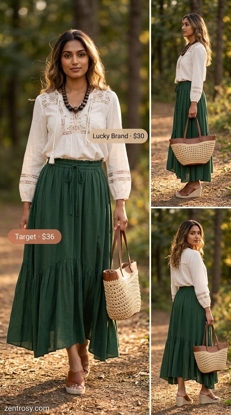 Boho Maxi Skirt Outfits Summer 2026: Picnic Chic Boho maxi skirt outfits summer 2026: Forest green gauze skirt, cream peasant blouse, straw market bag for picnic.