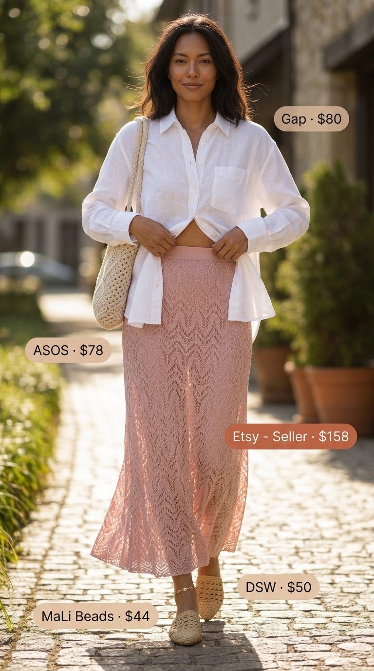 Boho Maxi Skirt Outfits Summer 2026: Romantic Park Stroll Boho maxi skirt outfits summer 2026: Dusty rose crochet maxi skirt with white linen shirt for a romantic park stroll.