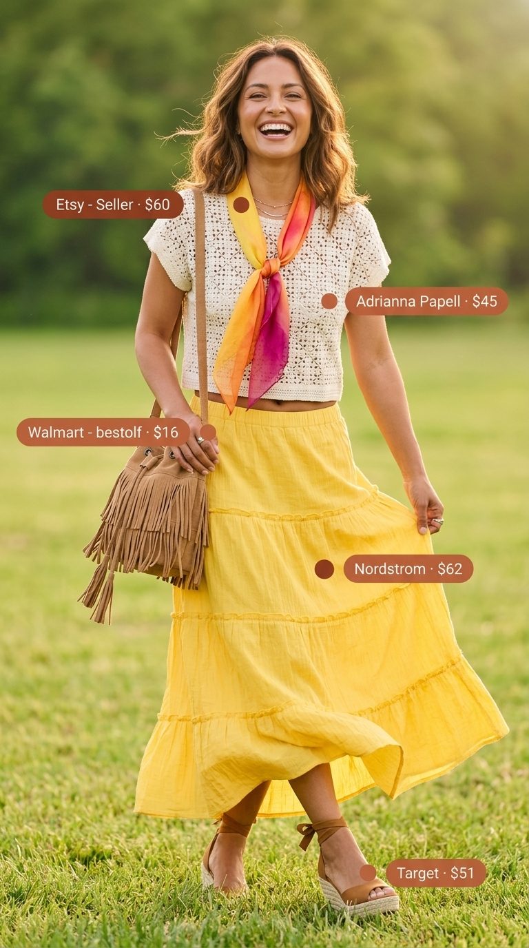 Boho Maxi Skirt Outfits Summer 2026: Vibrant Festival Style Boho maxi skirt outfits summer 2026: Saffron yellow tiered maxi skirt with crochet crop top for a joyful summer festival.